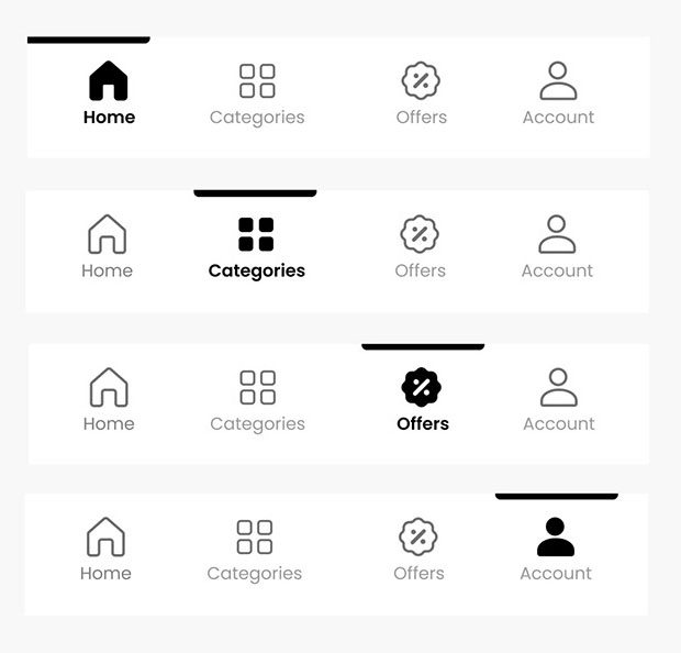Family Garden bottom navigation system showing Home, Categories, Offers and Account states