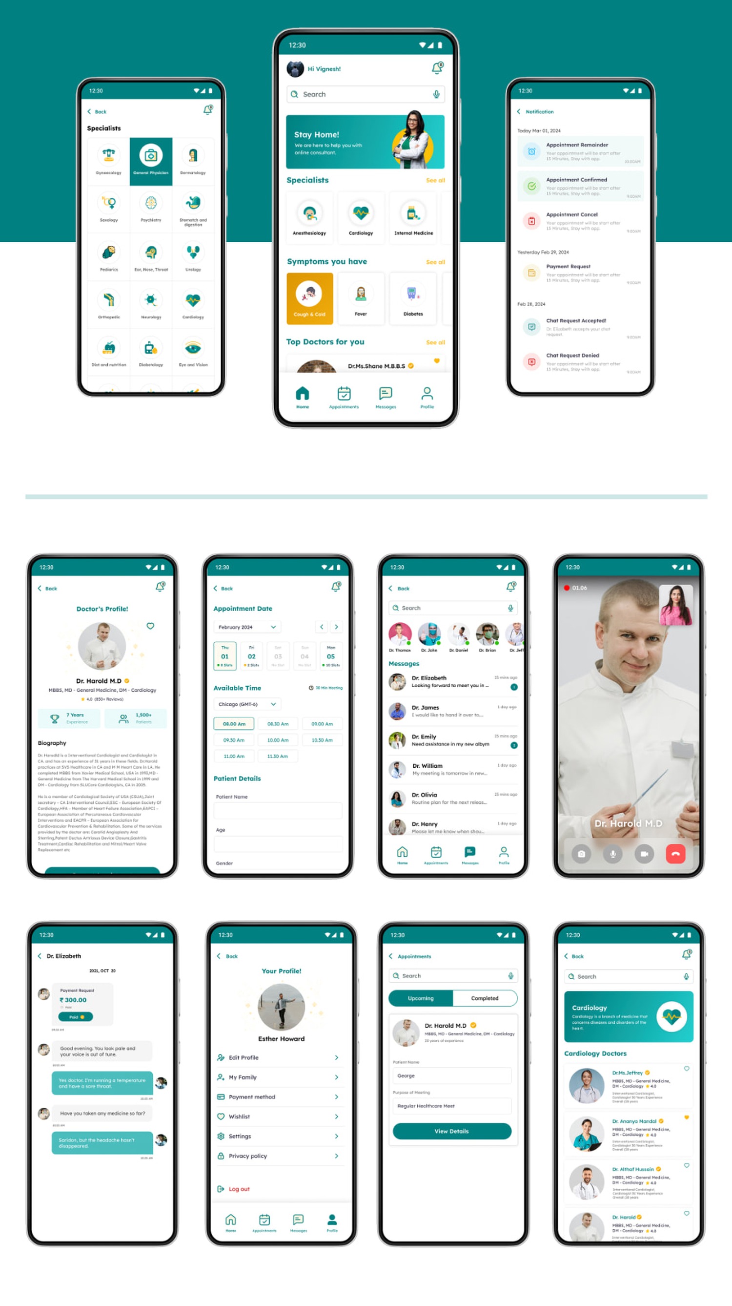 MedQuick Patient App screens showing specialties, doctor profiles, booking, messaging, appointments, and video consultation