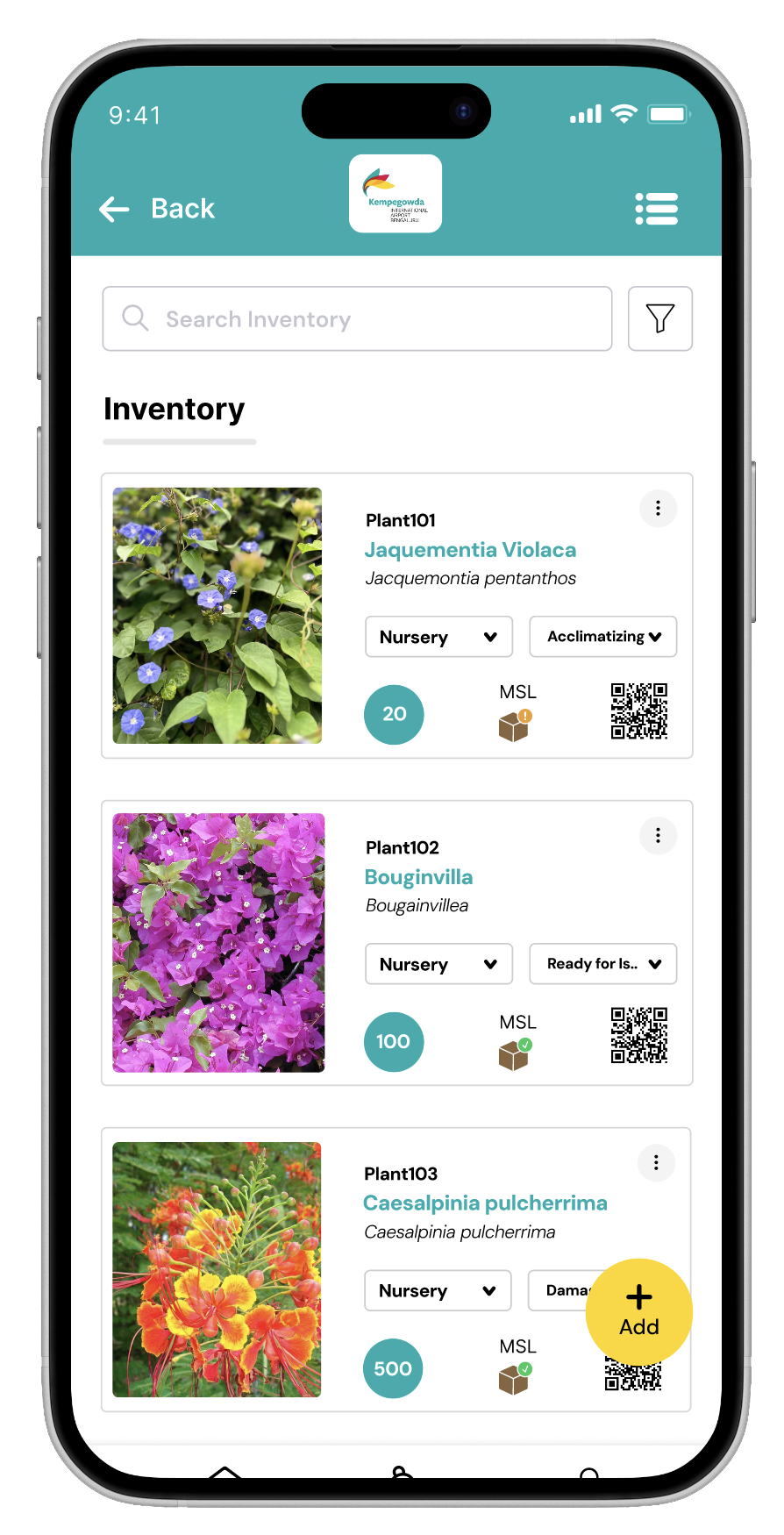Inventory list — mobile screen