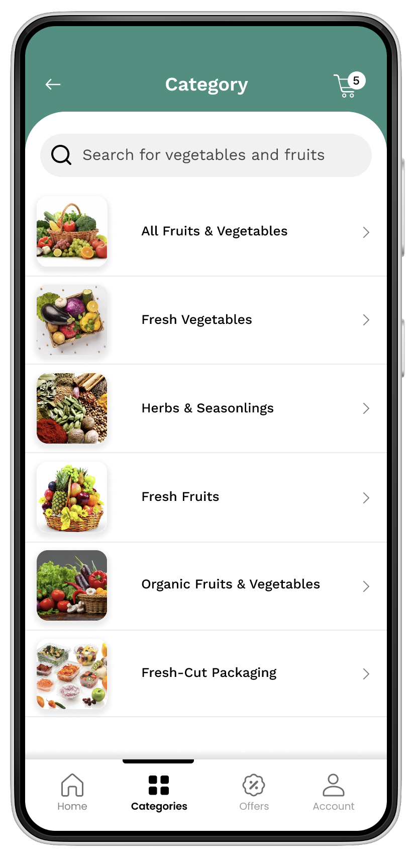 Categories screen