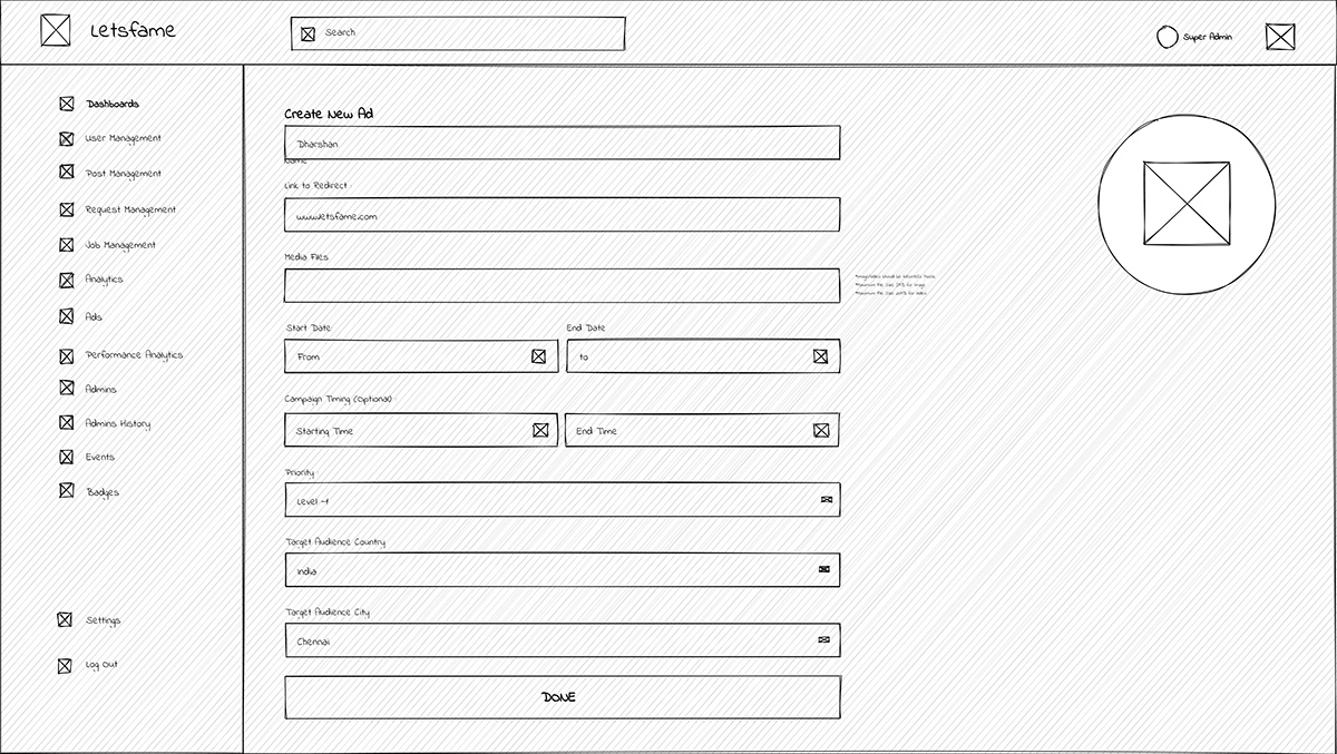 Low-fidelity wireframe — Ads — create new ad campaign form
