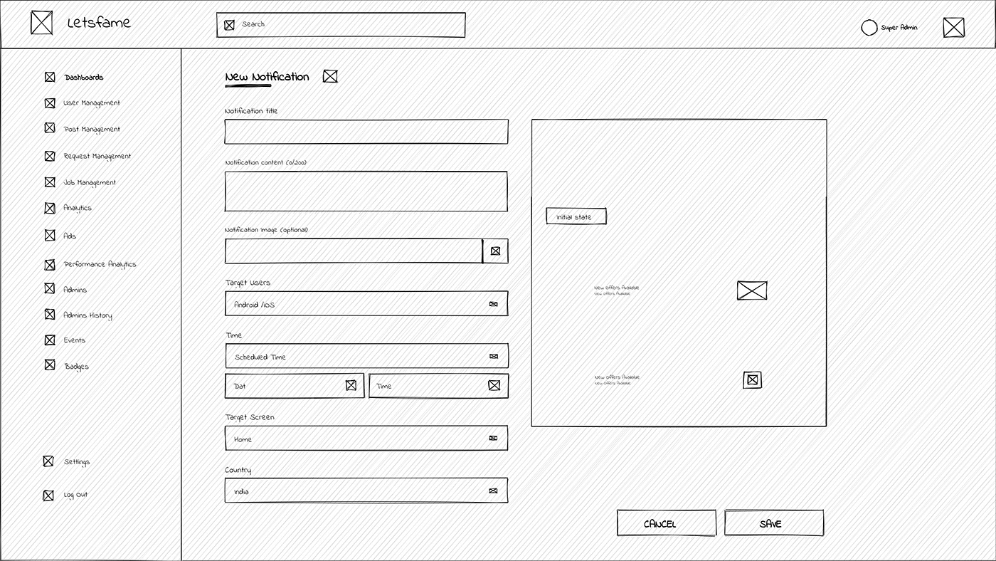 Low-fidelity wireframe — Notifications — scheduled push notification builder