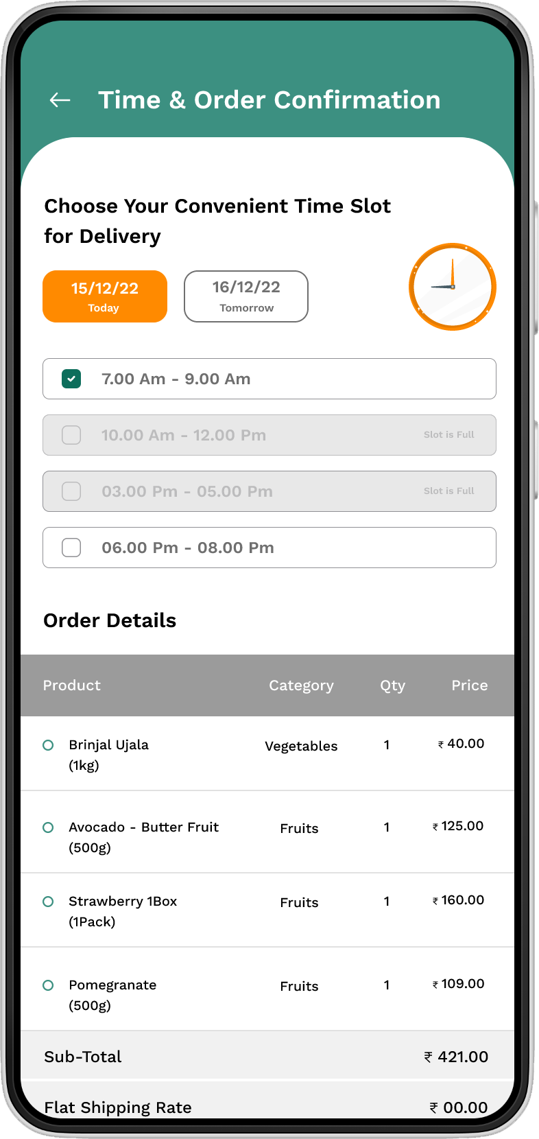 Time & order confirmation screen