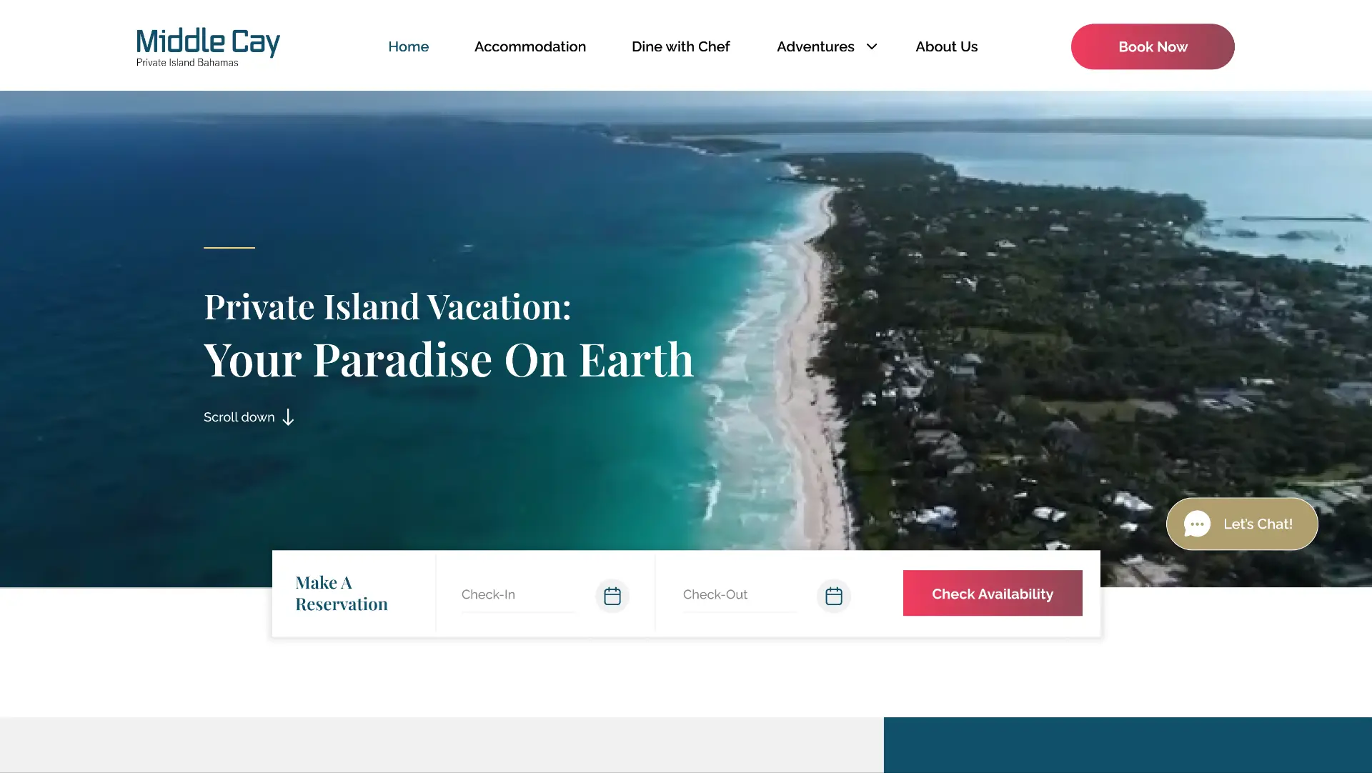 Middle Cay redesigned website homepage hero with reservation bar