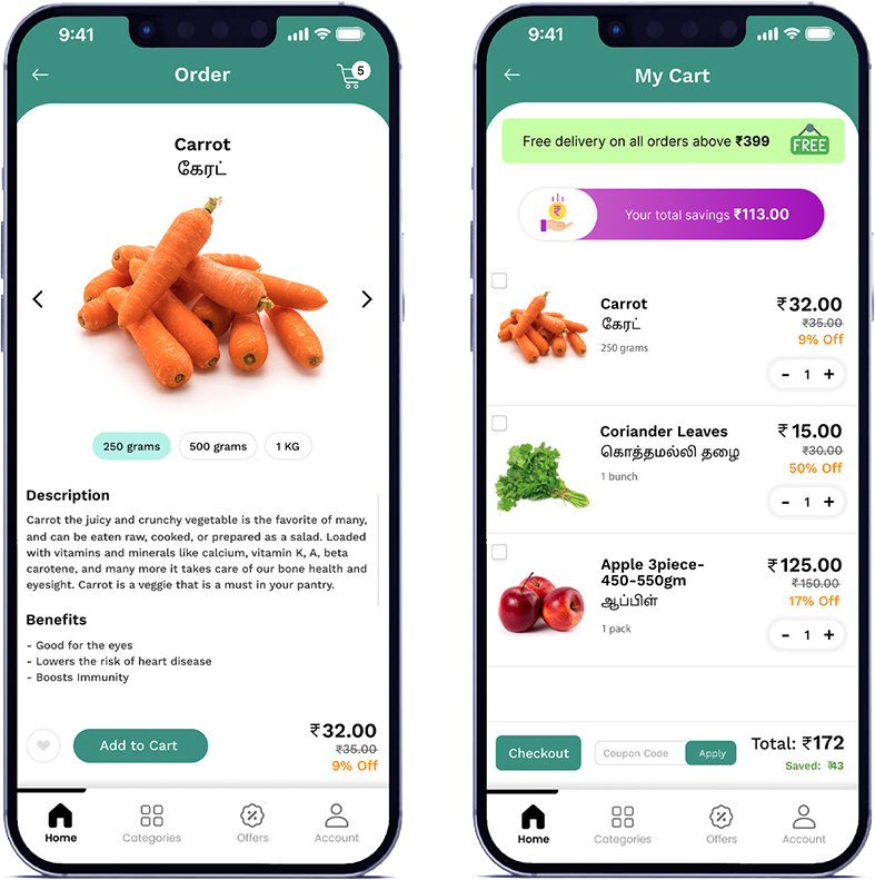 Product description and cart screens