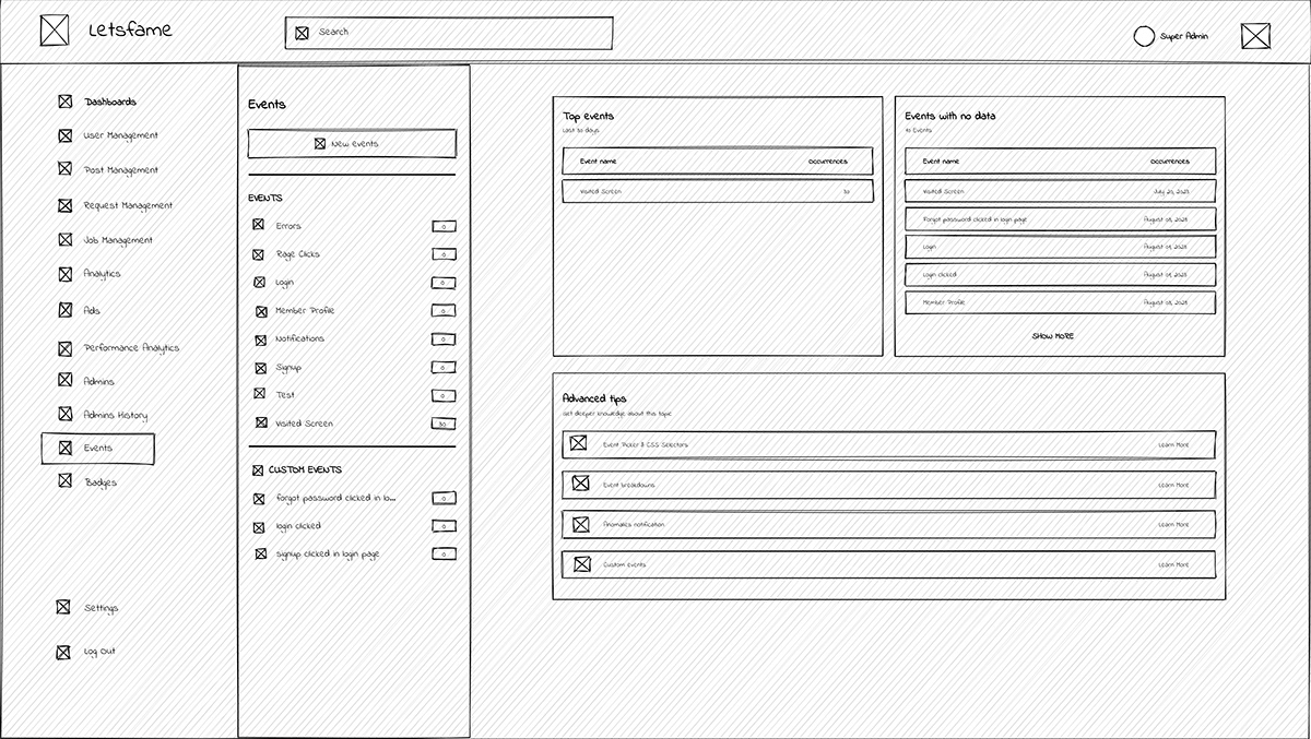 Low-fidelity wireframe — Events — event tracking and custom events