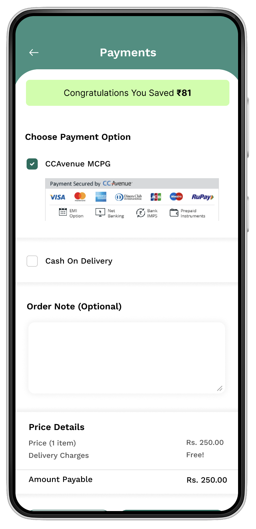 Payment screen