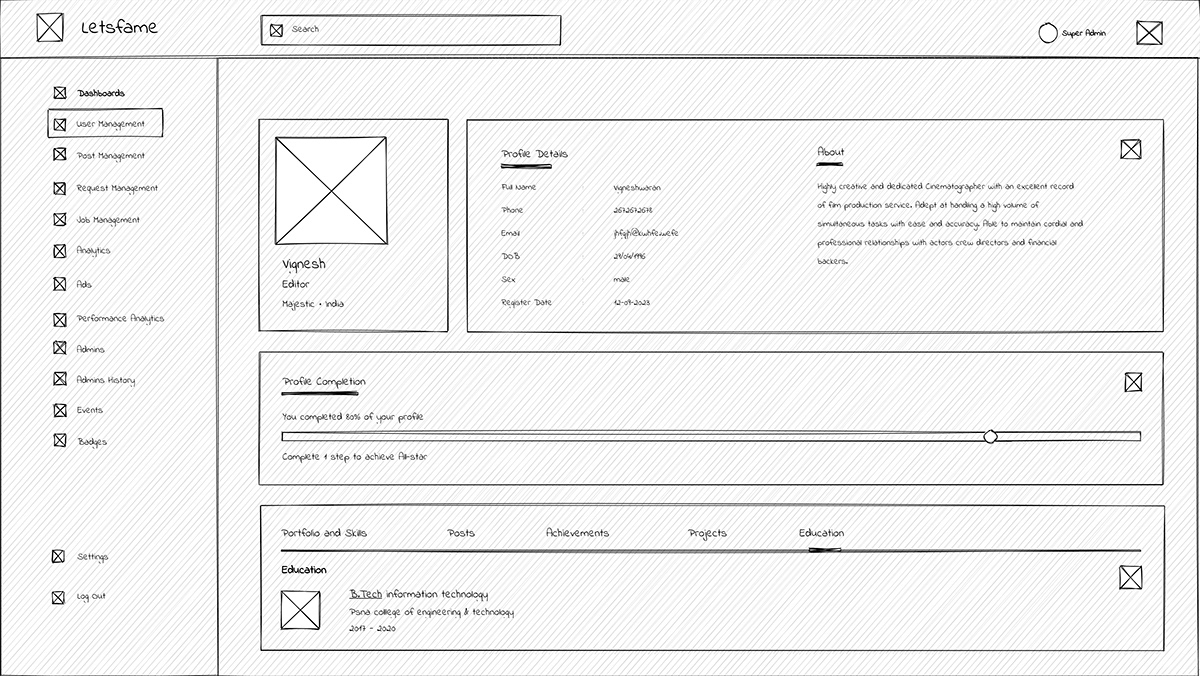 Low-fidelity wireframe — User management — full member profile view