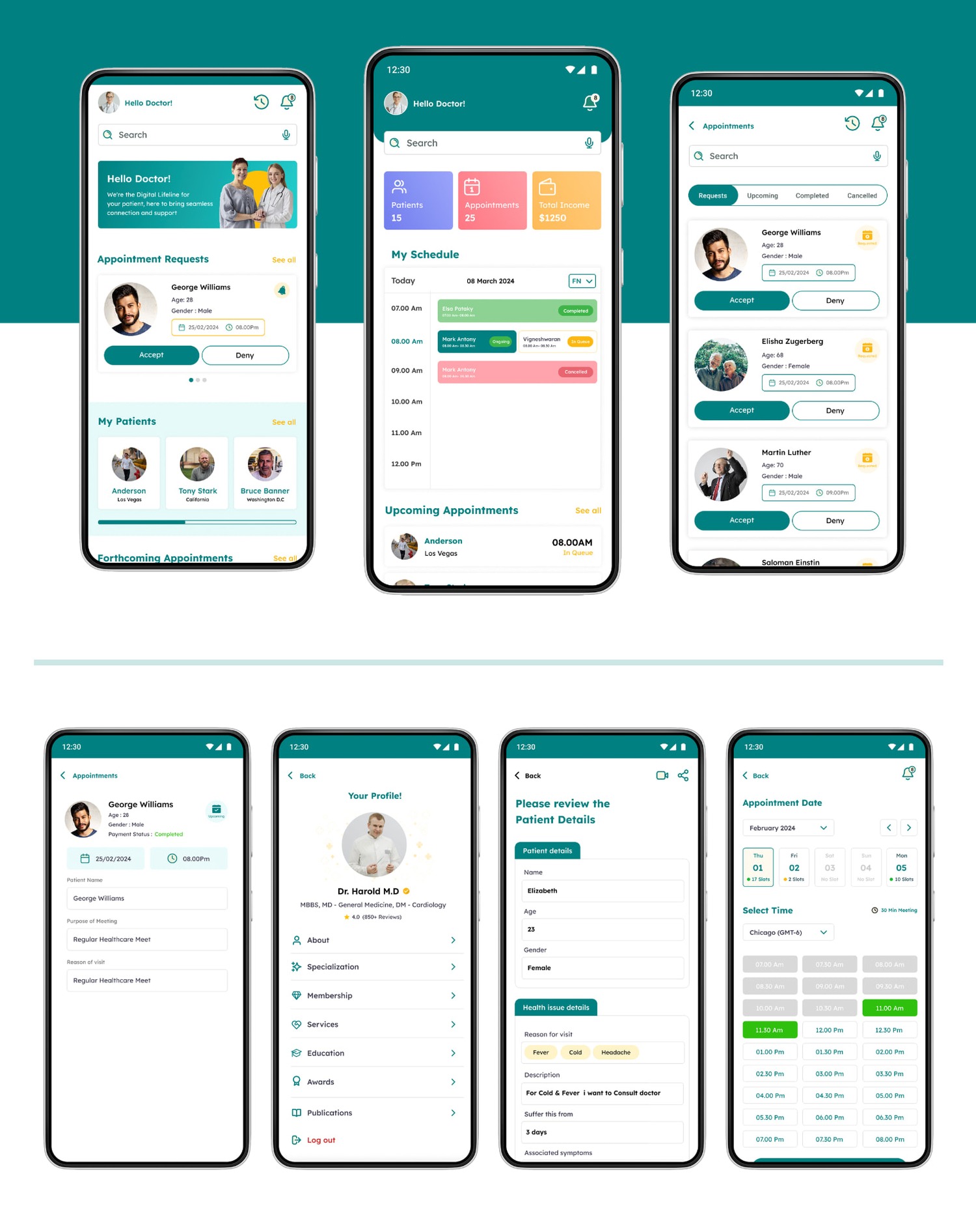 MedQuick Doctor App screens showing appointment requests, scheduling, patients, and profiles