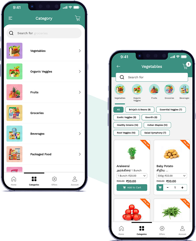 Category list and vegetables category screens