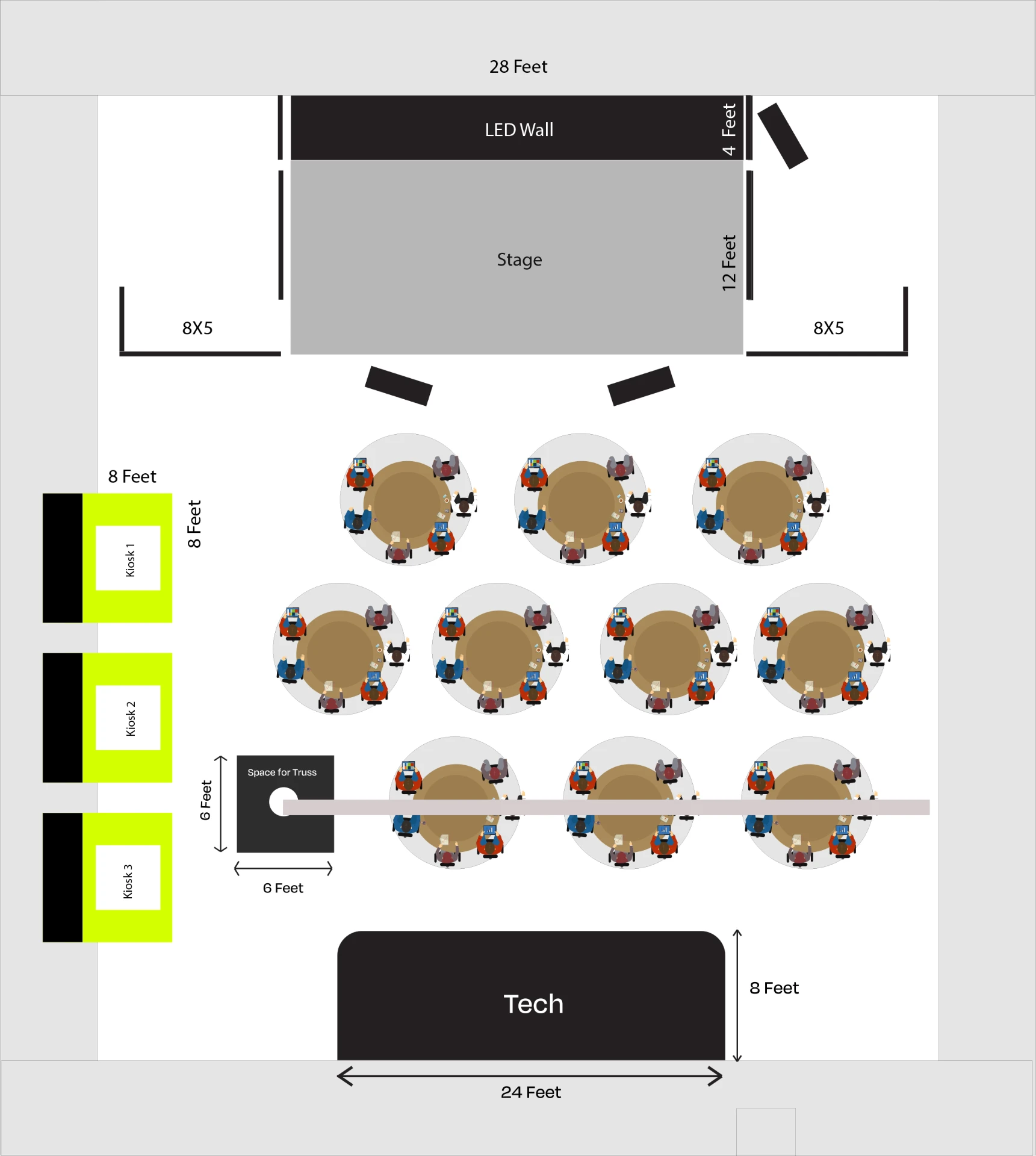 Event floor plan with stage, kiosks and seating layout