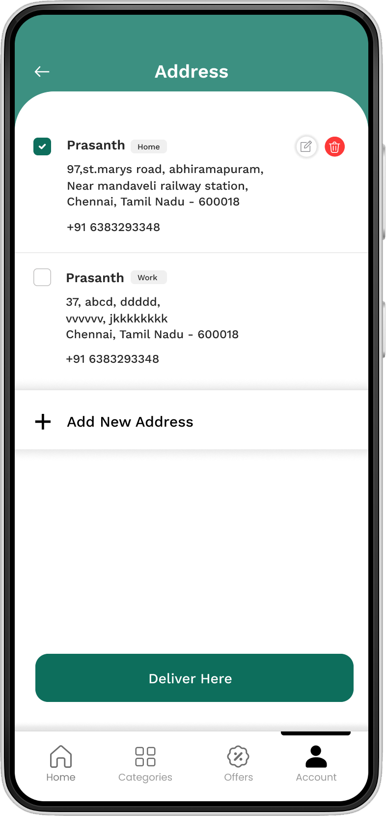 Delivery address screen